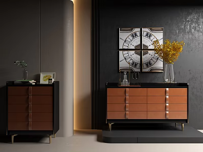 Elegant Modern Chest of Drawers with Brown Black Finish Metal Legs Vase and Decorative Painting 3d model