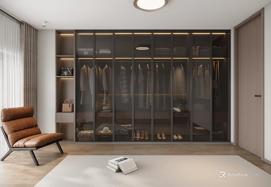 Modern Bedroom Interior With Glass Door Wardrobe Bed And Accent Chair 3d model 