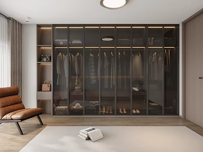 Modern Bedroom Interior With Glass Door Wardrobe Bed And Accent Chair 3d model