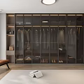 Modern Bedroom Interior With Glass Door Wardrobe Bed And Accent Chair