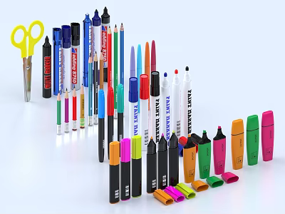Collection of Various Pens Including Markers Colored Pencils in Vibrant Colors and Stylish Designs 3d model