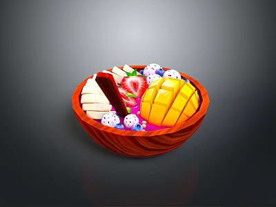 Wooden Fruit Bowl Filled With Assorted Fresh Fruits Like Mango Strawberry Banana And Blueberry 3d model