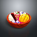 Wooden Fruit Bowl Filled With Assorted Fresh Fruits Like Mango Strawberry Banana And Blueberry