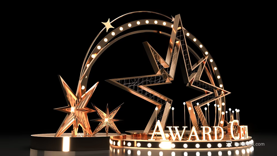 Glamorous Photo Spot With Golden Stars Illuminated Arch And Lighting Decorations 3d model 