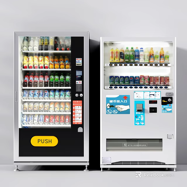 Modern Vending Machines With Various Beverages And Push Button Control Panels 3d model