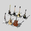 Various Musical Instruments Including Guitars And Bass On Stands With Different Colors