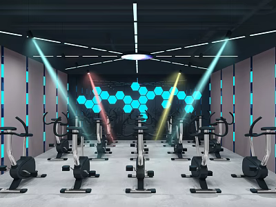Modern Fitness Gym Studio With Spin Bikes And Hexagon Blue Lighting 3d model