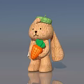 Cute Wooden Rabbit Doll With Green Hat Holding Orange Carrot