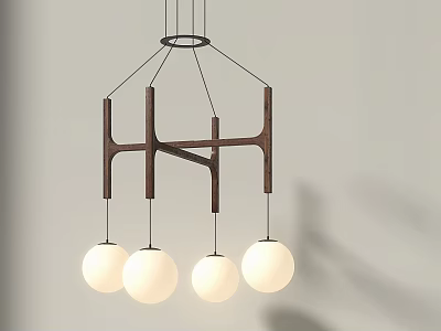 Modern Wooden Chandelier Design With Cross Shaped Frame And Four White Spherical Light Bulbs 3d model
