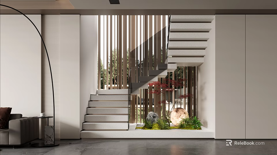 Modern Staircase With Vertical Wooden Slats Stone Steps And Outdoor Garden View 3d model 