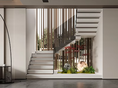Modern Staircase With Vertical Wooden Slats Stone Steps And Outdoor Garden View 3d model