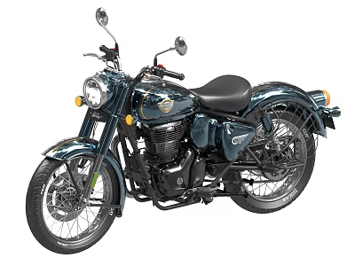 Vintage Blue Motorcycle With Classic Round Headlight Spoke Wheels And Black Seat 3d model