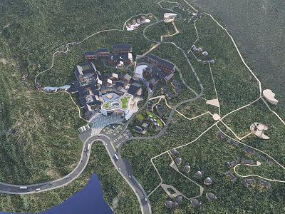 Aerial Planning of Mountainous Area Integrated Development with Buildings Roads Green Spaces and Waterbody 3d model