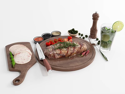 Grilled Steak on Wooden Cutting Board with Sliced Ham Vegetables Sauces and Lemon Drink 3d model