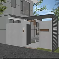 Modern House Entrance Gate With White Walls Black Metal Porch Glass Door And Green Trees