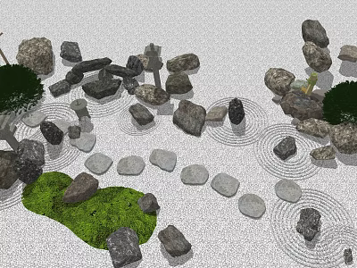 Zen Style Garden Ornament With Circular Stone Stepping Stones Green Grassy Area And Small Shrubs 3d model
