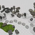 Zen Style Garden Ornament With Circular Stone Stepping Stones Green Grassy Area And Small Shrubs