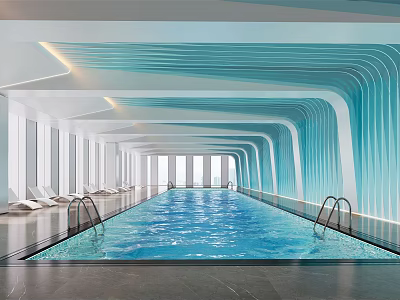 Modern Indoor Swimming Pool Interior With Curved Blue Walls Lounge Chairs And Large Windows 3d model