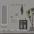Modern Shoe Cabinet With Storage Mirror Coat Hooks And Decorative Plant 3d model