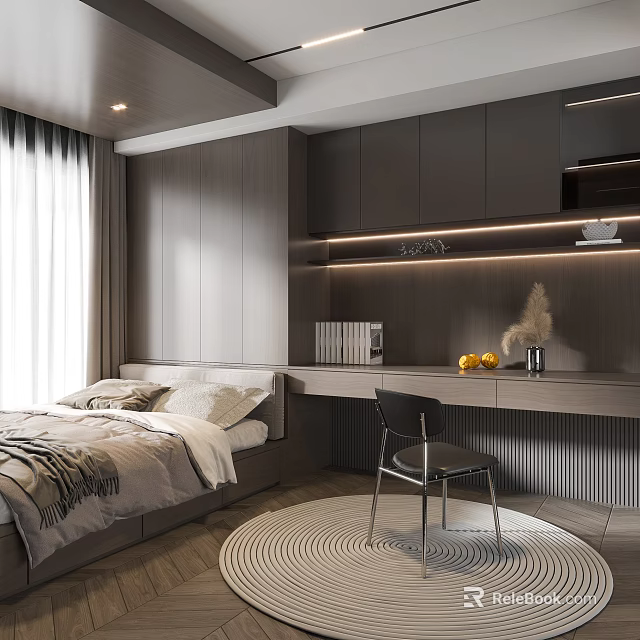 Tatami Bedroom Interior Design With Bed Desk Storage Cabinets And Soft Lighting 3d model 