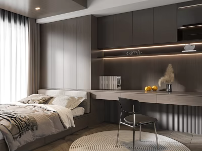 Tatami Bedroom Interior Design With Bed Desk Storage Cabinets And Soft Lighting 3d model