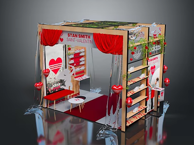 Stan Smith Exhibition Booth Interior Design With Red Curtains Heart Decorations And Display Shelves 3d model