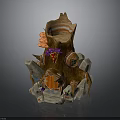 Decorative Tree Stump Shaped Building With Orange Structures Purple Flowers Stone Base And Entrance