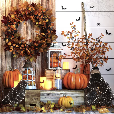 Halloween Decorative Ornament Set With Pumpkins Wreath Lantern Candles Broom And Bat Decorations 3d model