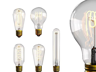 Vintage Clear Glass Light Bulbs With Different Filament Shapes And Gold Bases 3d model