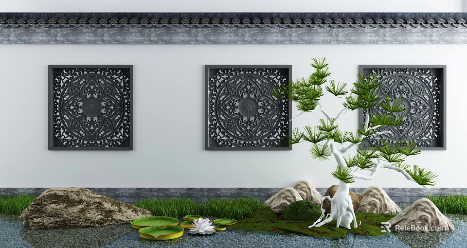 Traditional Courtyard Garden With Carved Decorations Pine Tree And Lotus Water Feature 3d model 