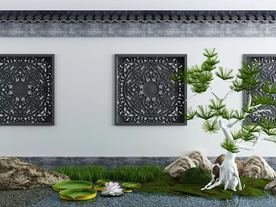 Traditional Courtyard Garden With Carved Decorations Pine Tree And Lotus Water Feature 3d model