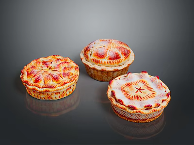 Three Decorative Homemade Pies With Golden Crust And Red Fruit Toppings 3d model