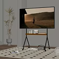 Modern TV on Metal Stand with Indoor Plants Window View and Dot Pattern Carpet