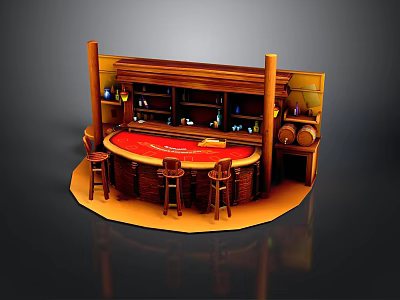 Round Bar Interior Design With Red Countertop Wood Shelves Wine Bottles And Bar Stools 3d model