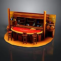 Round Bar Interior Design With Red Countertop Wood Shelves Wine Bottles And Bar Stools