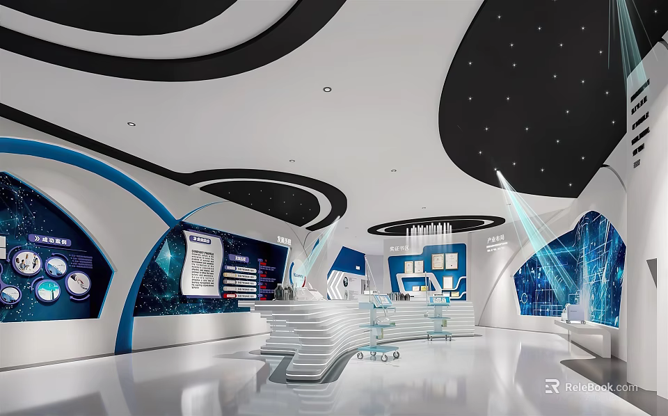 Modern Tech Exhibition Hall With Blue White Black Curved Design Display Platforms Screens And Lighting 3d model 