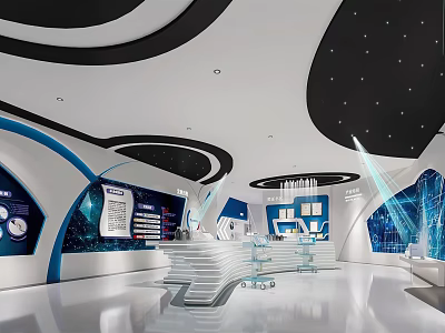 Modern Tech Exhibition Hall With Blue White Black Curved Design Display Platforms Screens And Lighting 3d model