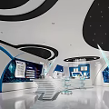 Modern Tech Exhibition Hall With Blue White Black Curved Design Display Platforms Screens And Lighting