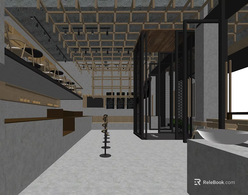 Modern Industrial Restaurant Interior With Wooden Ceiling Open Space And Bar Counter 3d model 