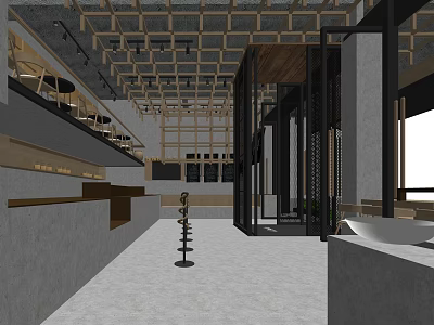 Modern Industrial Restaurant Interior With Wooden Ceiling Open Space And Bar Counter 3d model