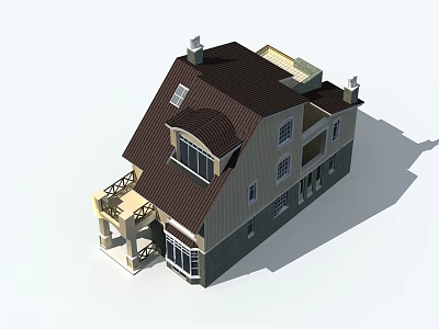 Traditional Detached Villa Exterior With Brown Roof Multiple Windows Beige Gray Walls And Balcony 3d model