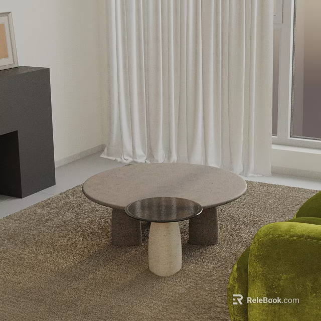 Modern Green Sofa and Round Coffee Table Set on Brown Rug with White Curtains 3d model 