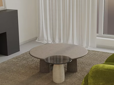 Modern Green Sofa and Round Coffee Table Set on Brown Rug with White Curtains 3d model