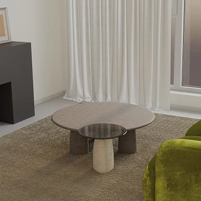 Modern Green Sofa and Round Coffee Table Set on Brown Rug with White Curtains 3d model