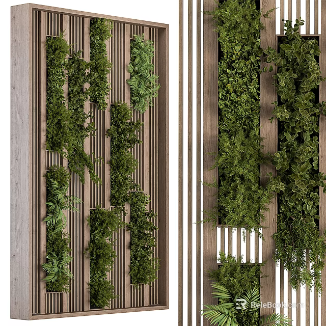 Vertical Green Wall With Diverse Plants And Wooden Panels 3d model 