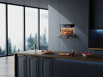 Modern Kitchen With Built In Oven Large Windows Trees View Gray Cabinets And Countertop 3d model