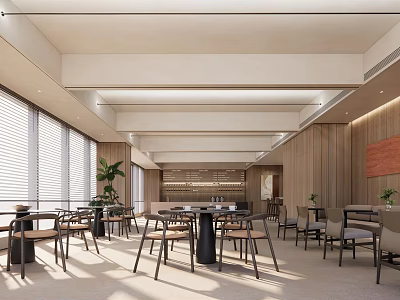 Modern Café Interior Design with Open Space Natural Light Wooden Walls Green Plants and Tables 3d model