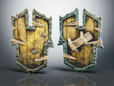 Two Ancient Wooden Shields With Metal Straps And Worn Medieval Design 3d model