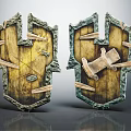 Two Ancient Wooden Shields With Metal Straps And Worn Medieval Design