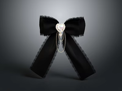 Elegant Black Decorative Bow With Lace Trim White Gem Center And Pearl Chain 3d model